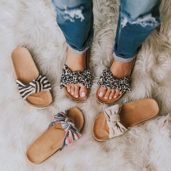 White Black Striped Slip On Linen Fabric Bow Sandals - Picture 8 of 13
